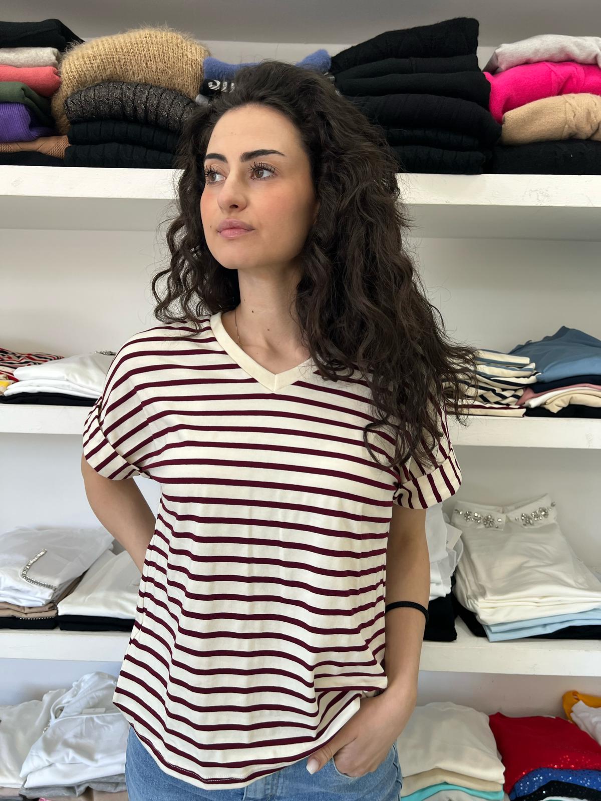 T-shirt Donna a Righe con Scollo a V