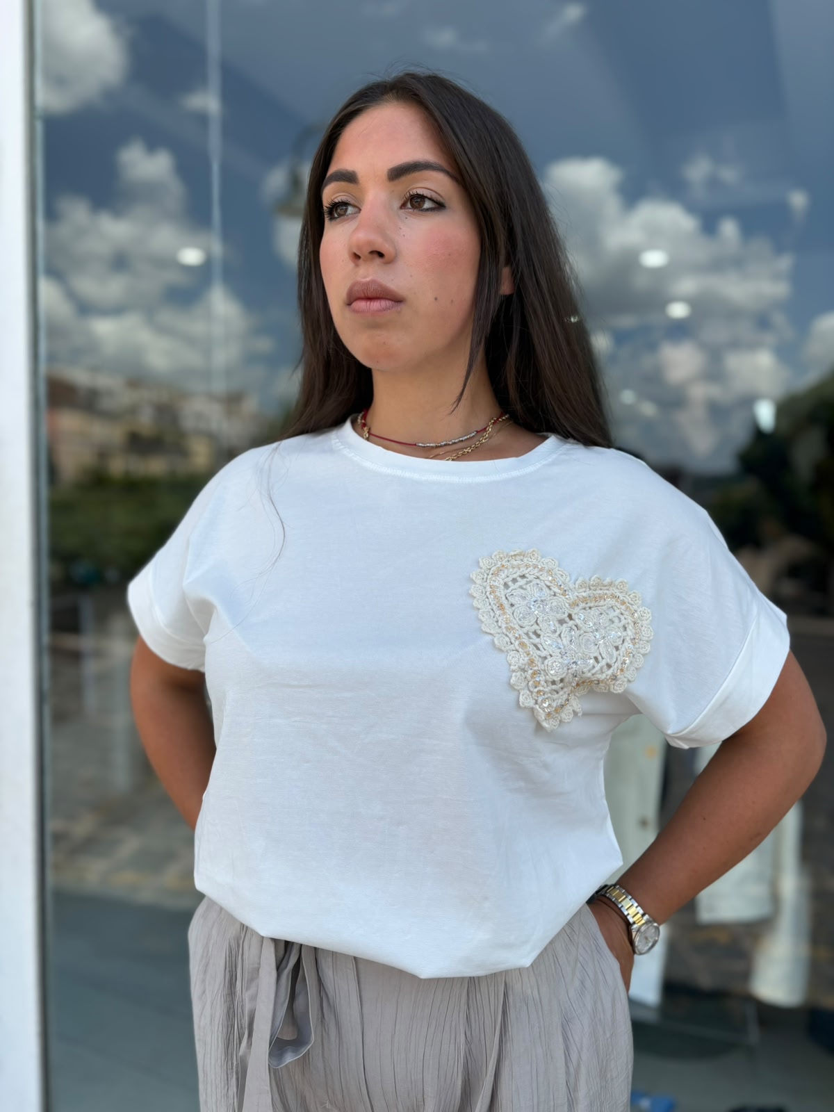T-Shirt Donna con Taschino Cuore all'Uncinetto