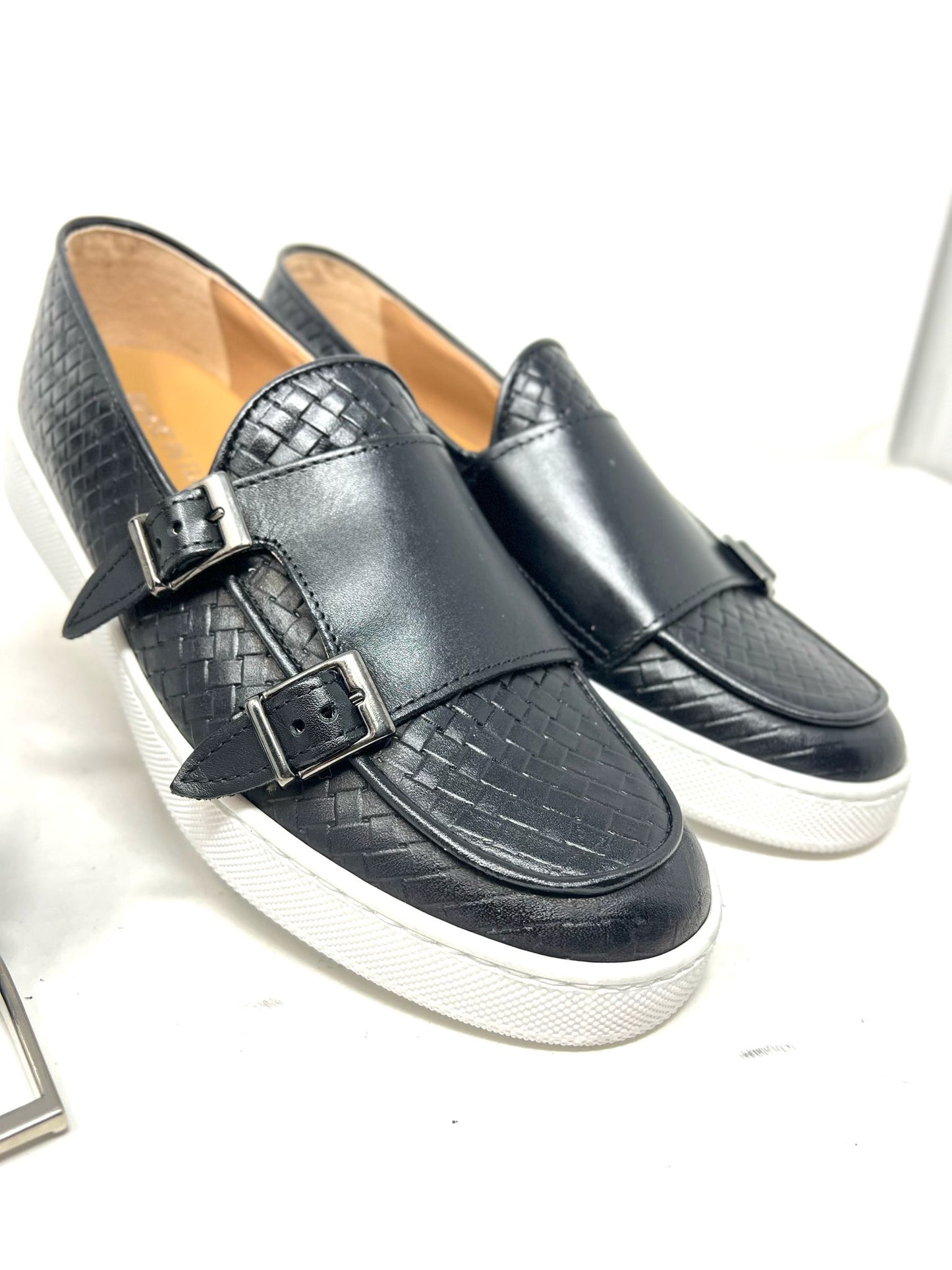 Mocassino doppia fibbia pelle intrecciata fondo cucito made in italy