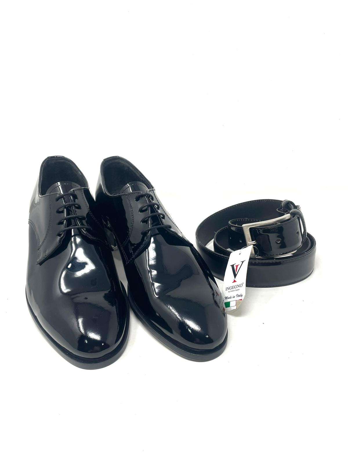Stringata cerimonia vera pelle made in italy vernice con fondo cuoio cucito