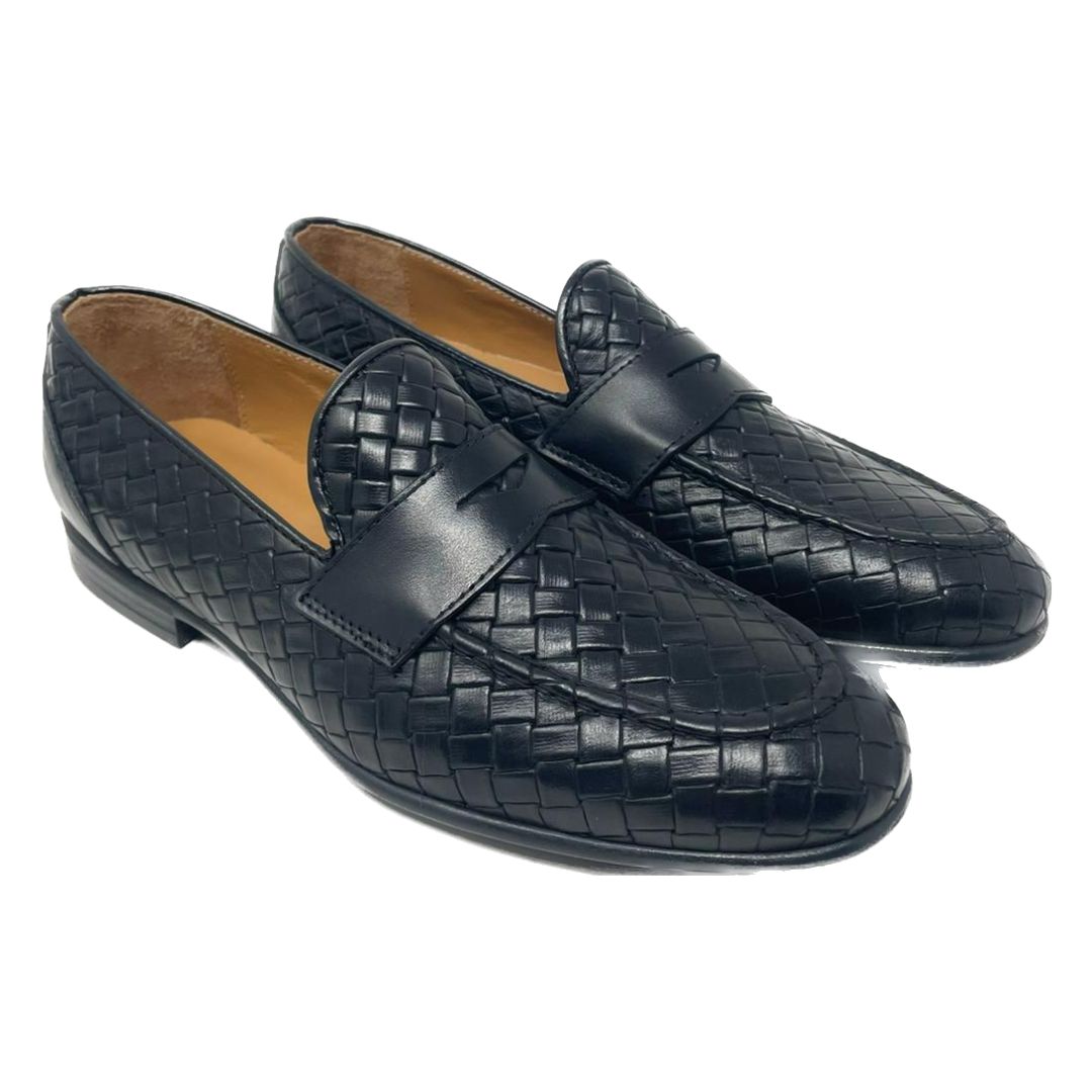 Woven leather moccasin with rubber sole