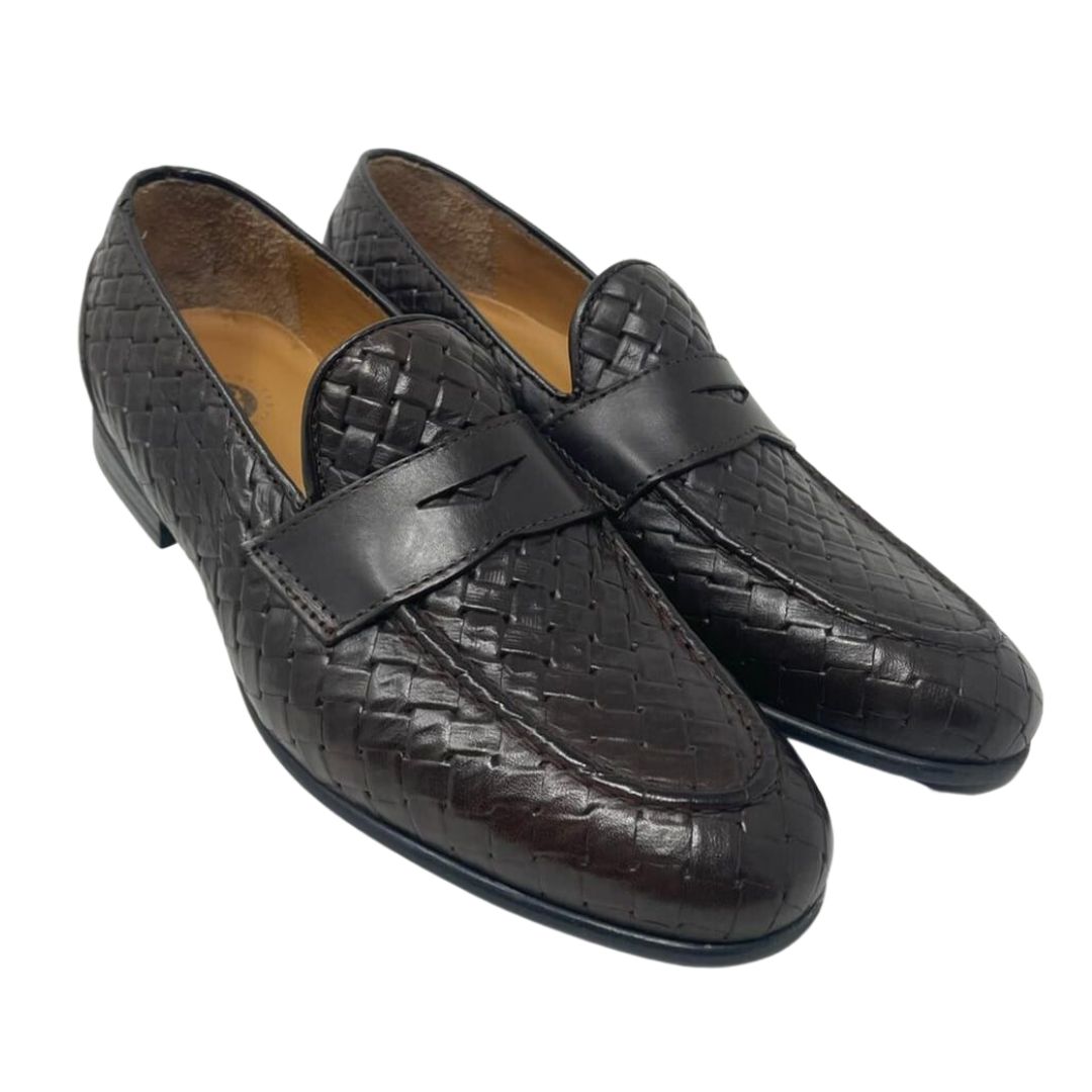 Woven leather moccasin with rubber sole