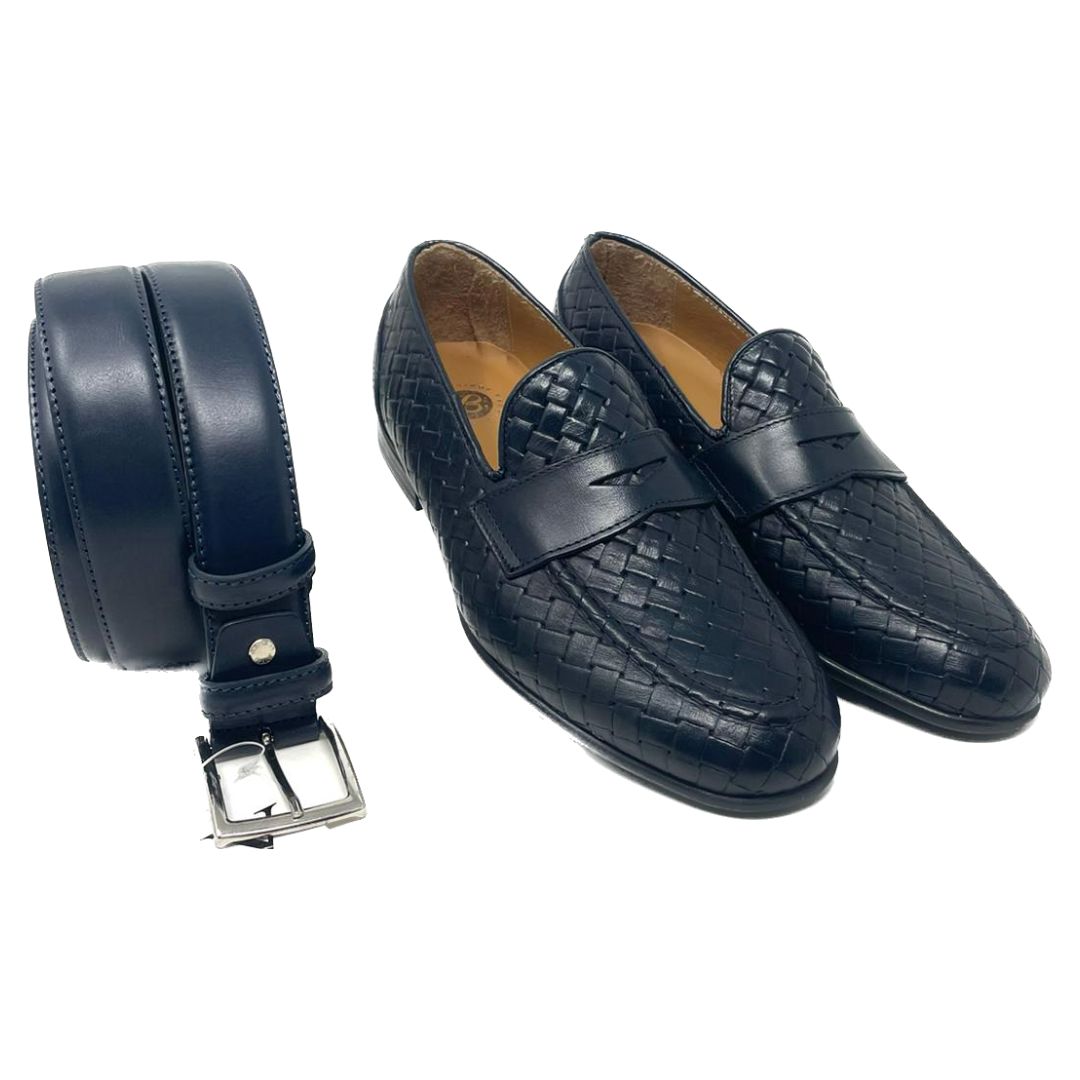 Woven leather moccasin with rubber sole