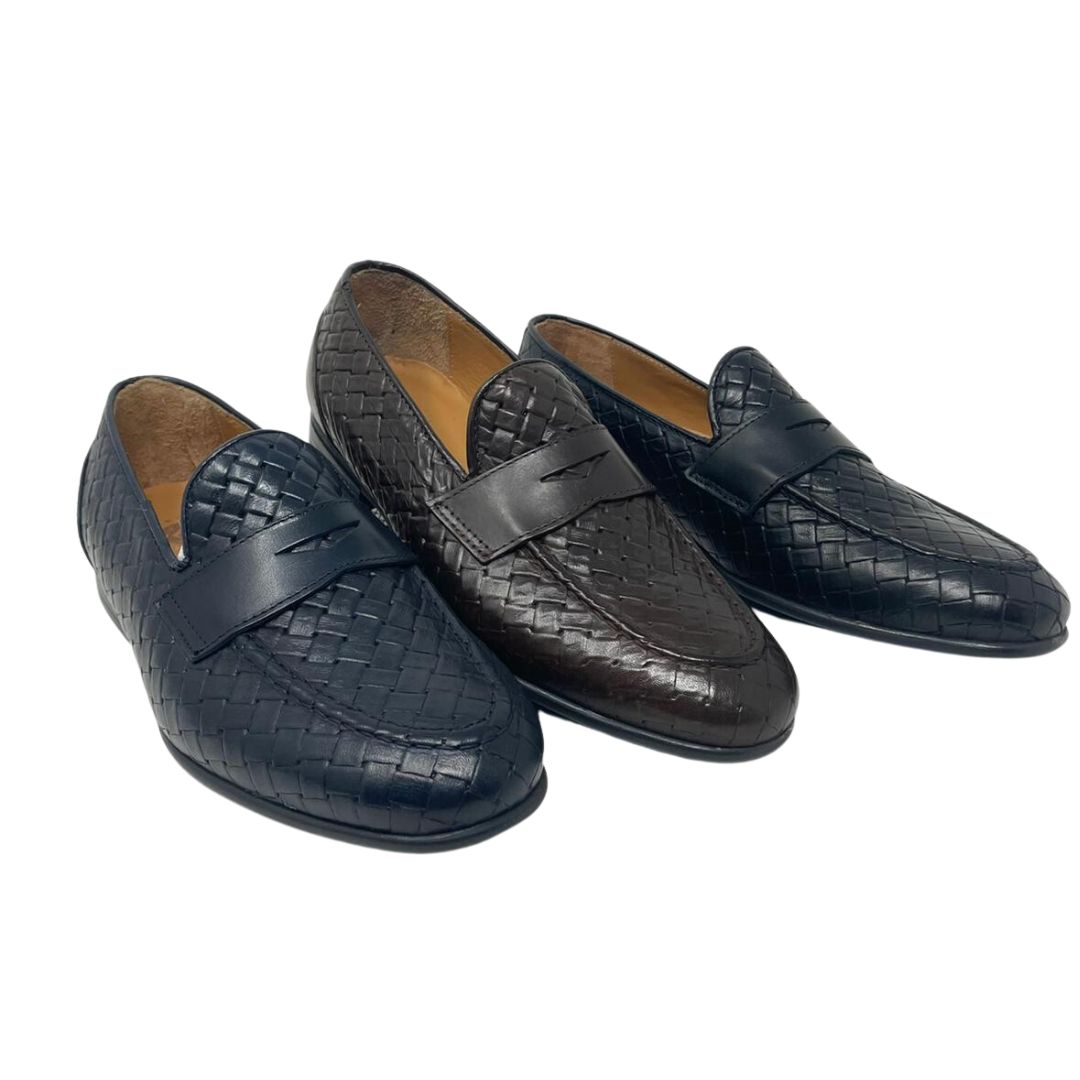 Woven leather moccasin with rubber sole
