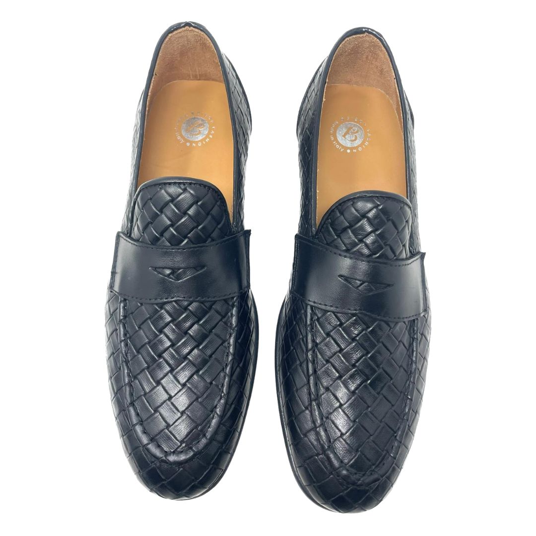 Woven leather moccasin with rubber sole