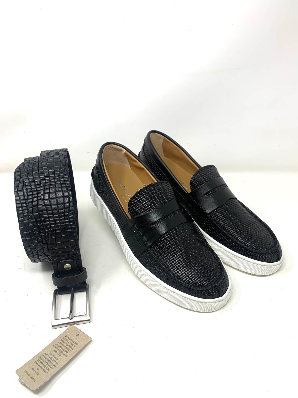 Woven stitched boat moccasin