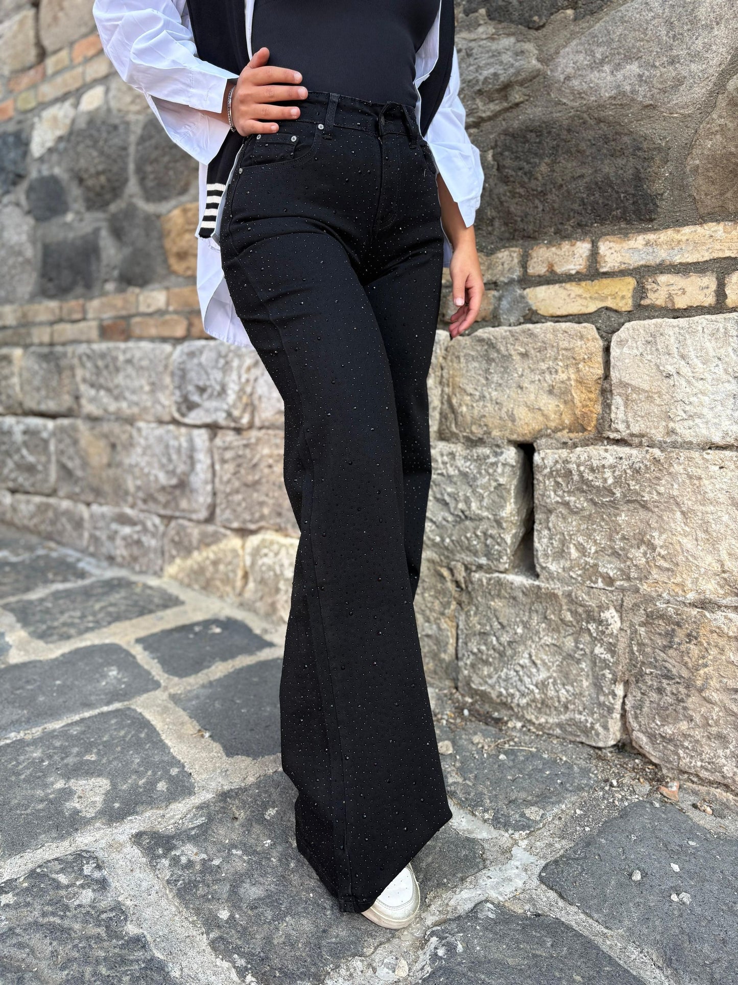 Jeans Donna Palazzo Nero con Strass