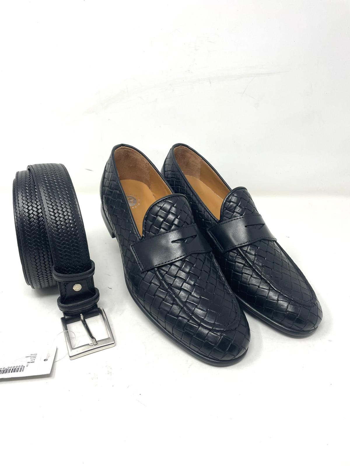 Woven leather moccasin with rubber sole