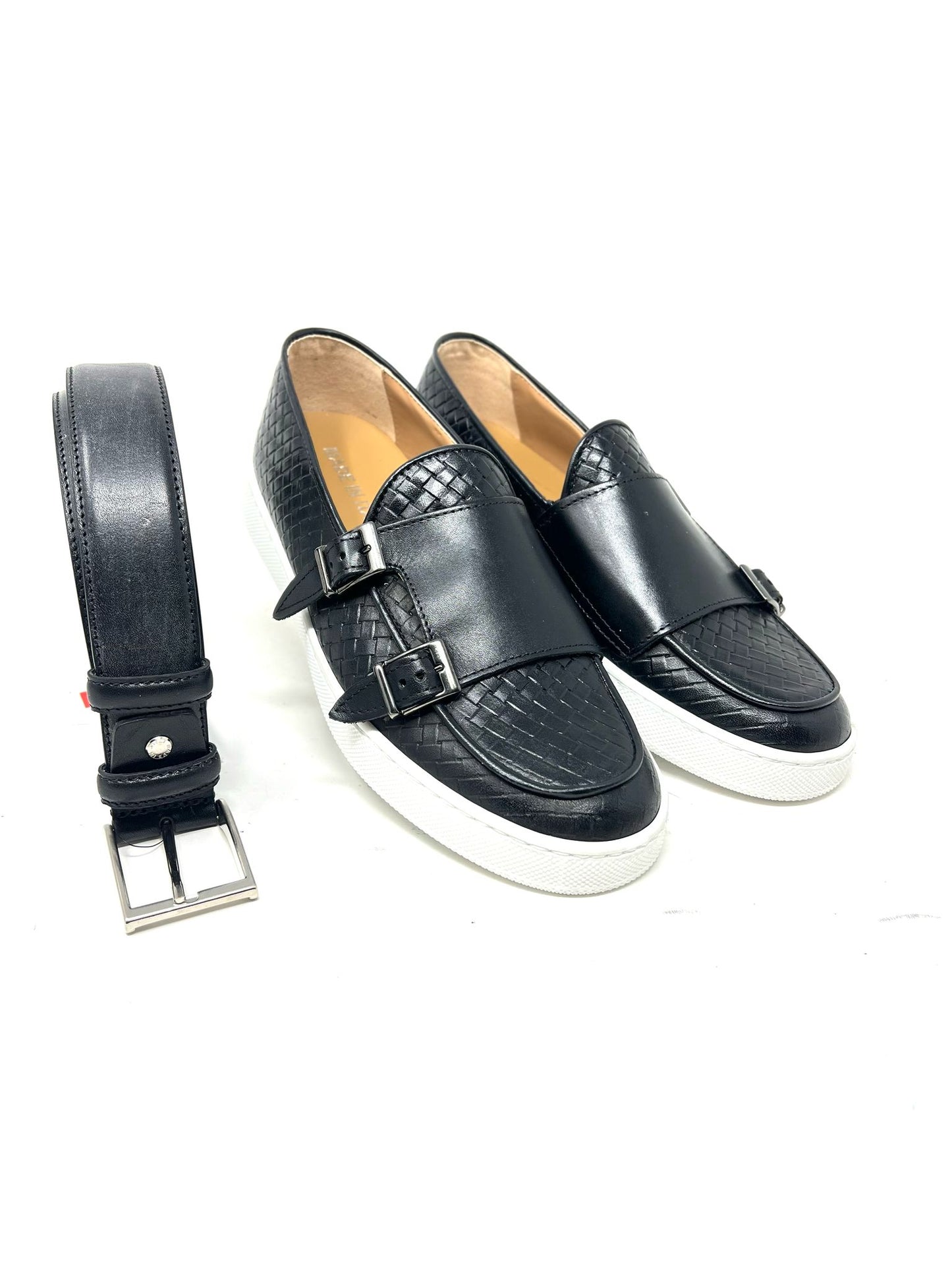 Mocassino doppia fibbia pelle intrecciata fondo cucito made in italy