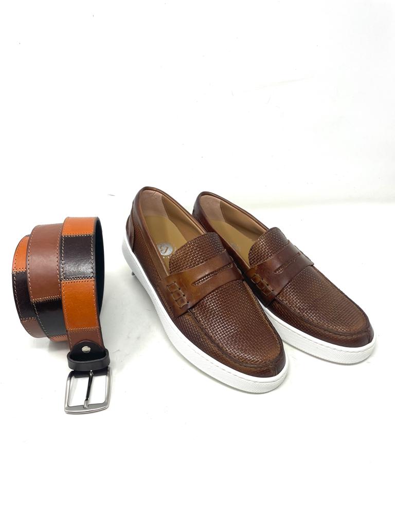 Woven stitched boat moccasin