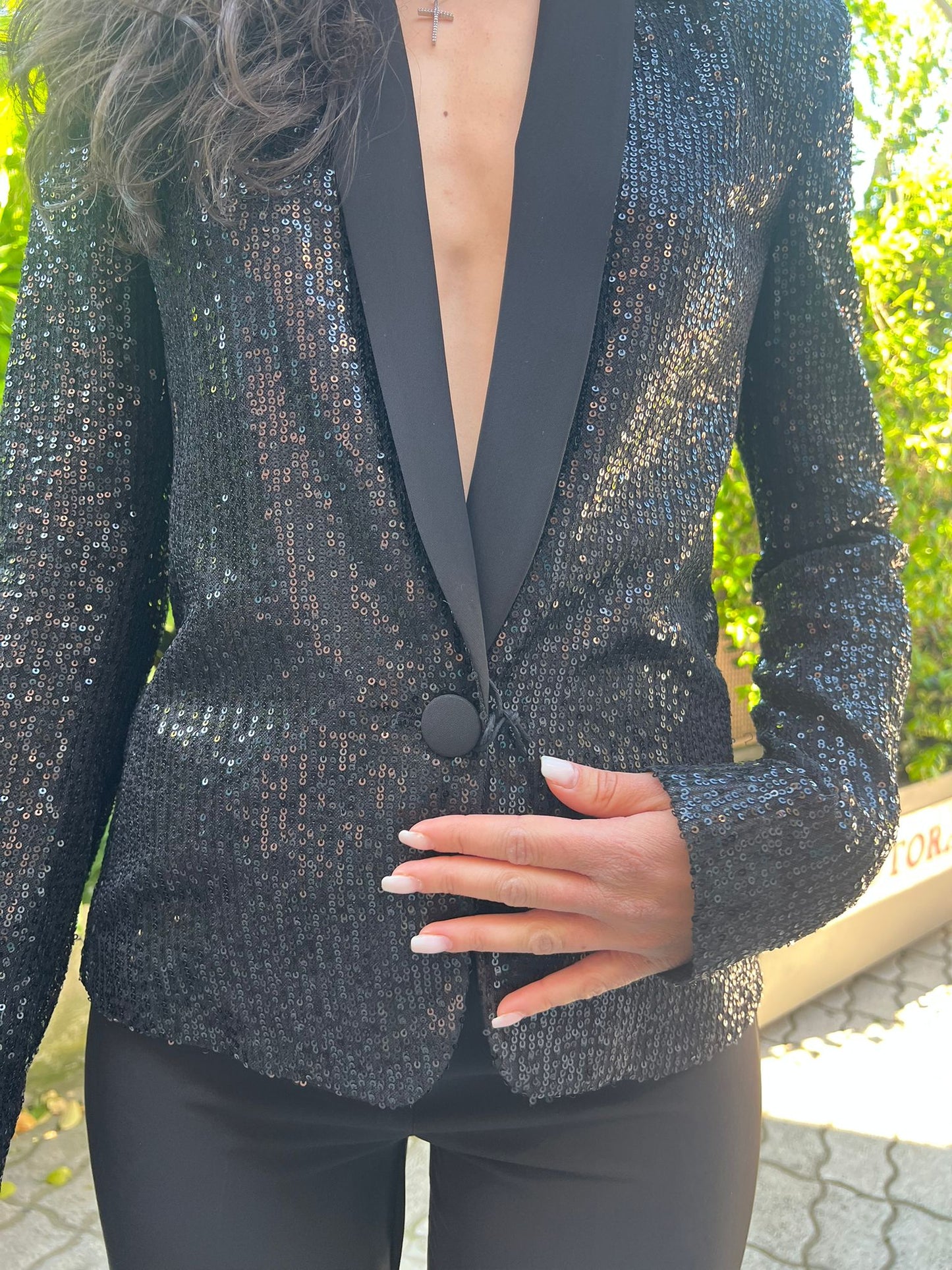 Completo Donna Giacca Paillettes e Pantalone Largo in Cady