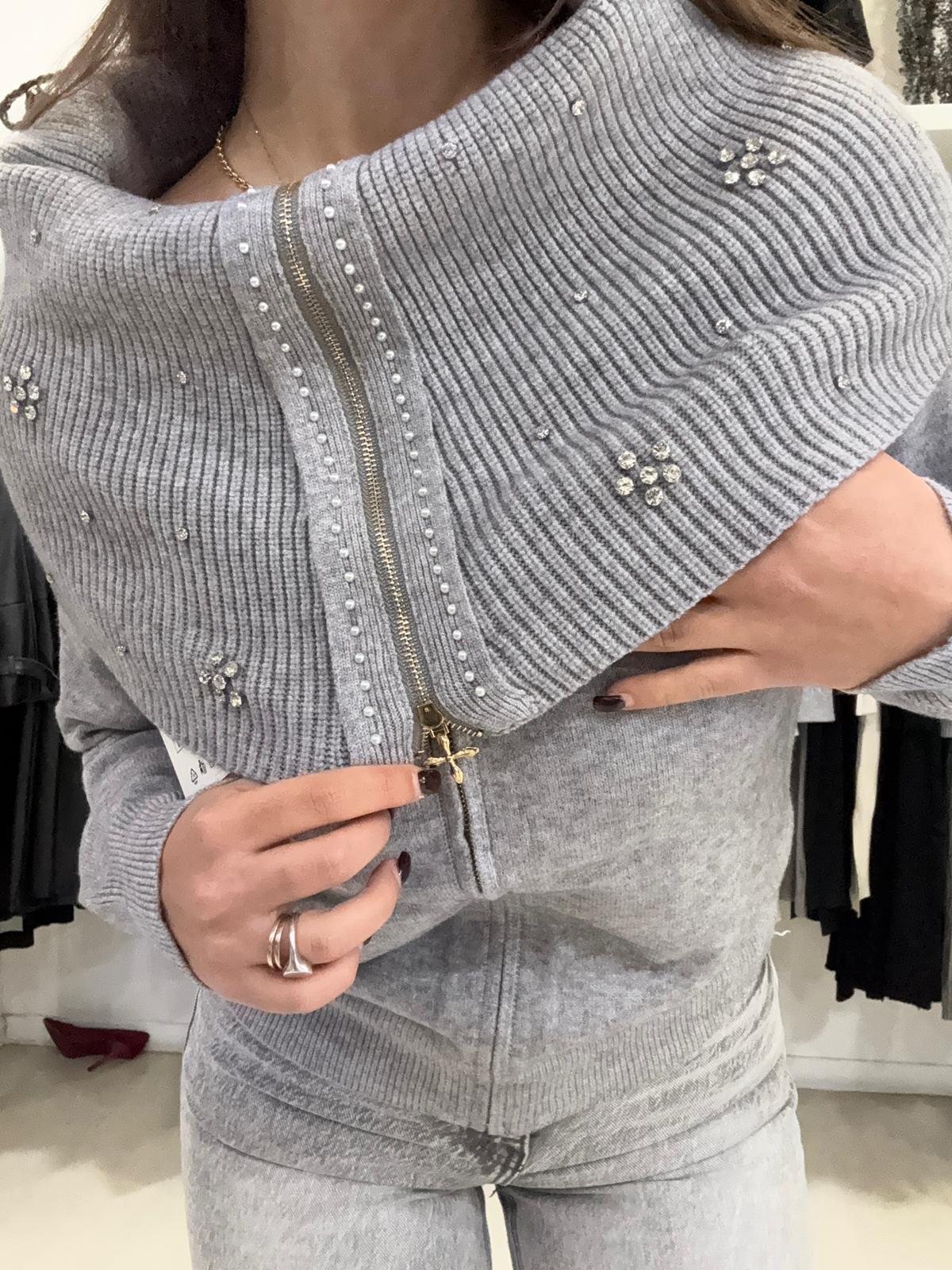 Maglia con Zip, Colletto e Strass