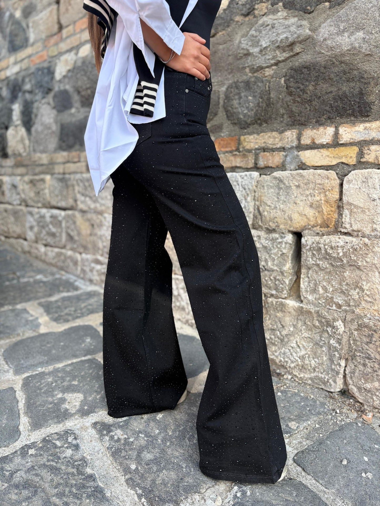 Jeans Donna Palazzo Nero con Strass