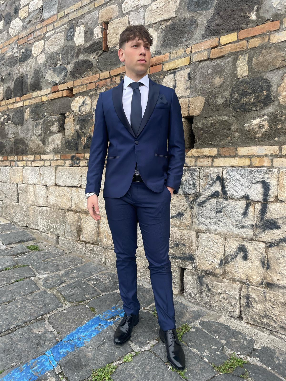 Abito 2 pezzi completo tessuto damascato revers di raso mod. Francini S17 milano