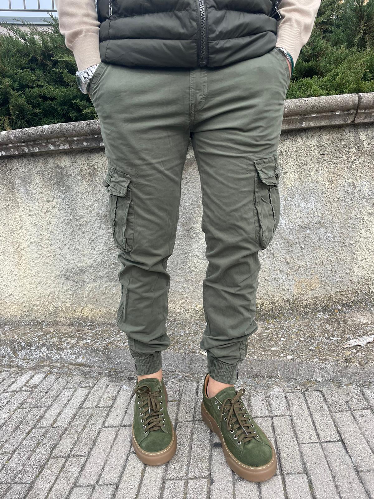 Pantalone cargo uomo cotone con elastico e zip