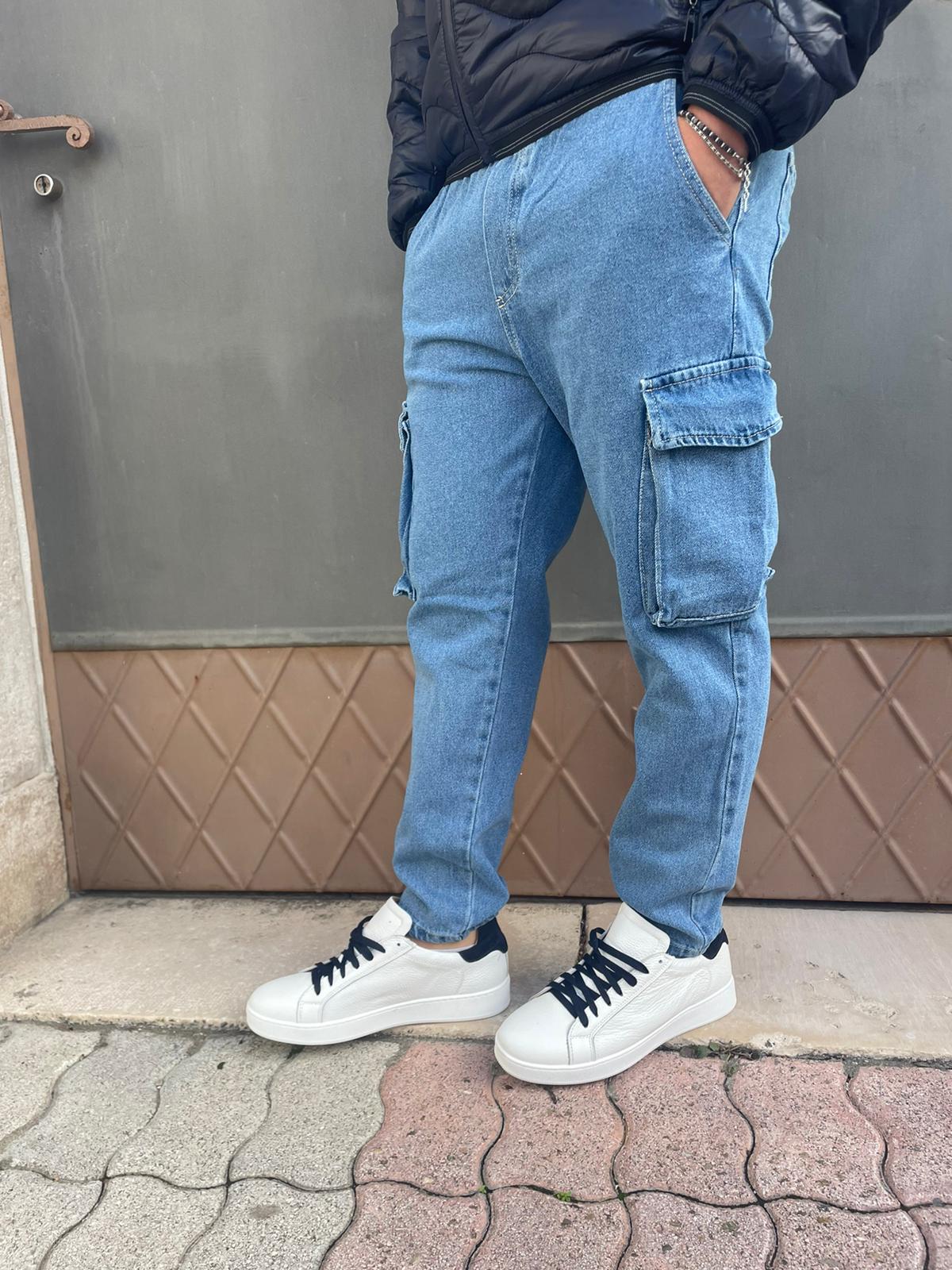 jeans uomo con elastico cargo slavato