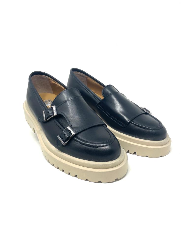 Mocassino rocciatore doppia fibbia fondo alto ambra o nero in vera pelle made in italy