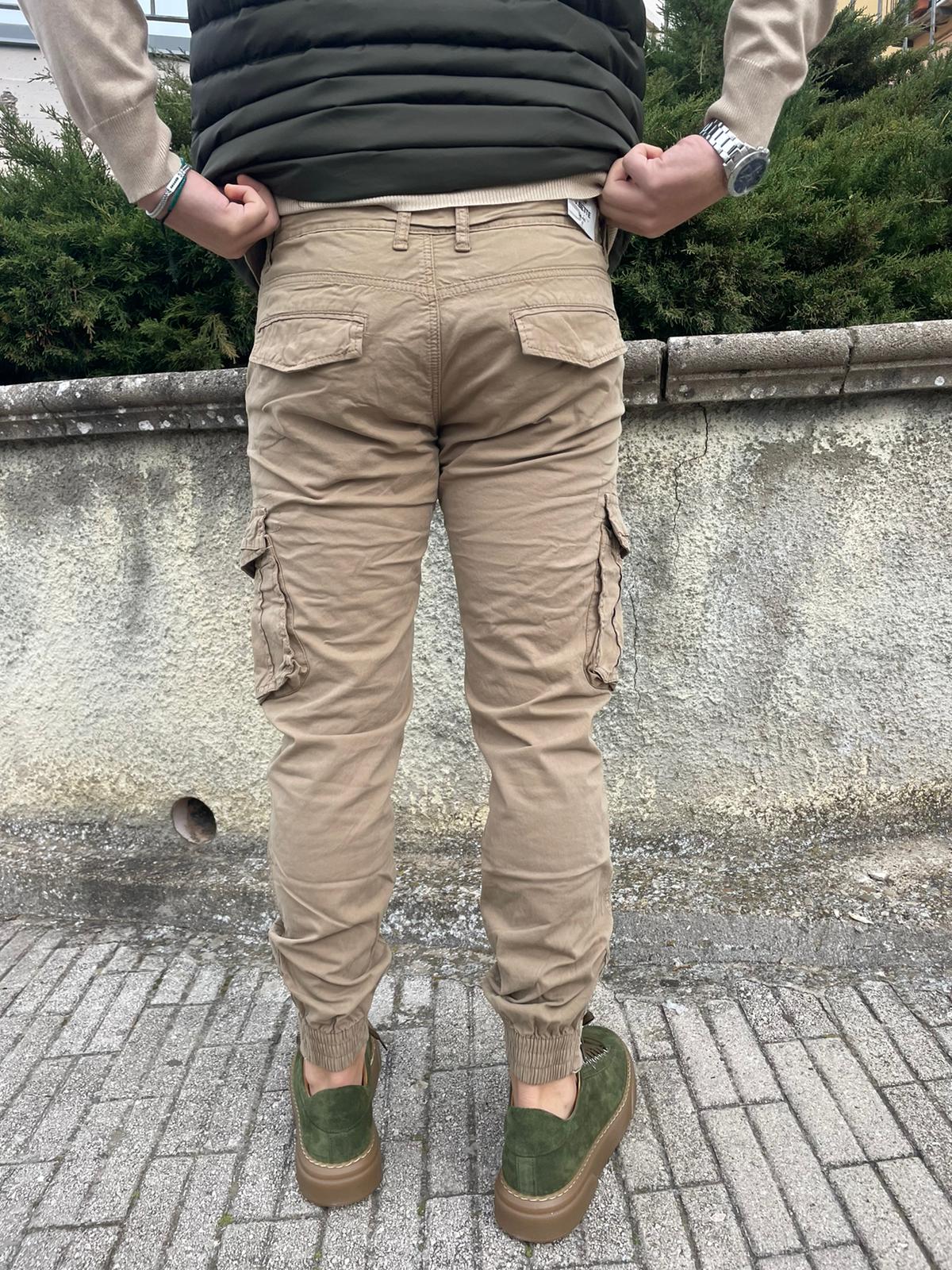 Pantalone cargo uomo cotone con elastico e zip