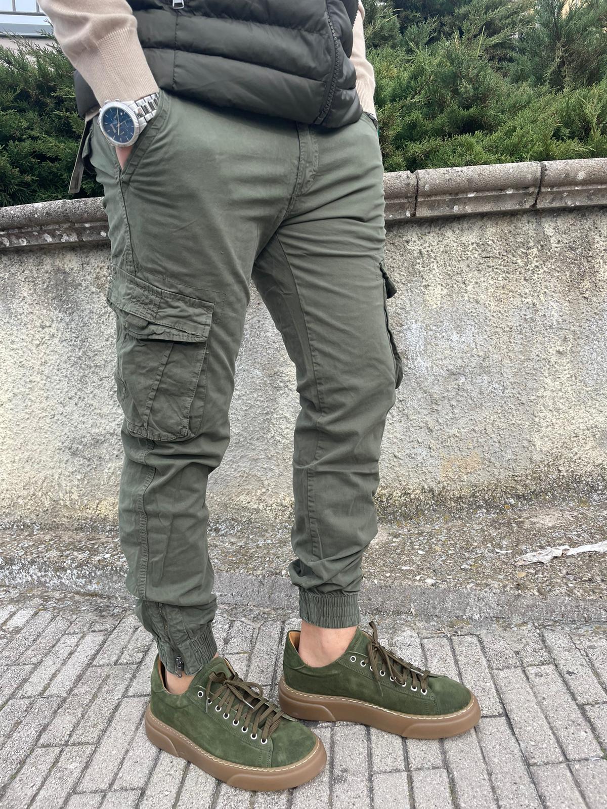 Pantalone cargo uomo cotone con elastico e zip
