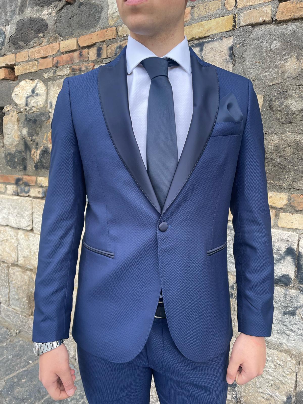 Abito 2 pezzi completo tessuto damascato revers di raso mod. Francini S17 milano