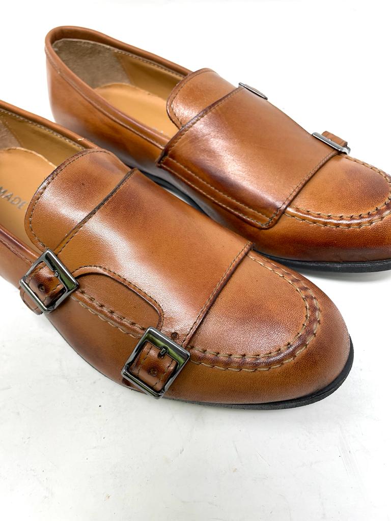Double buckle moccasin with rubber sole