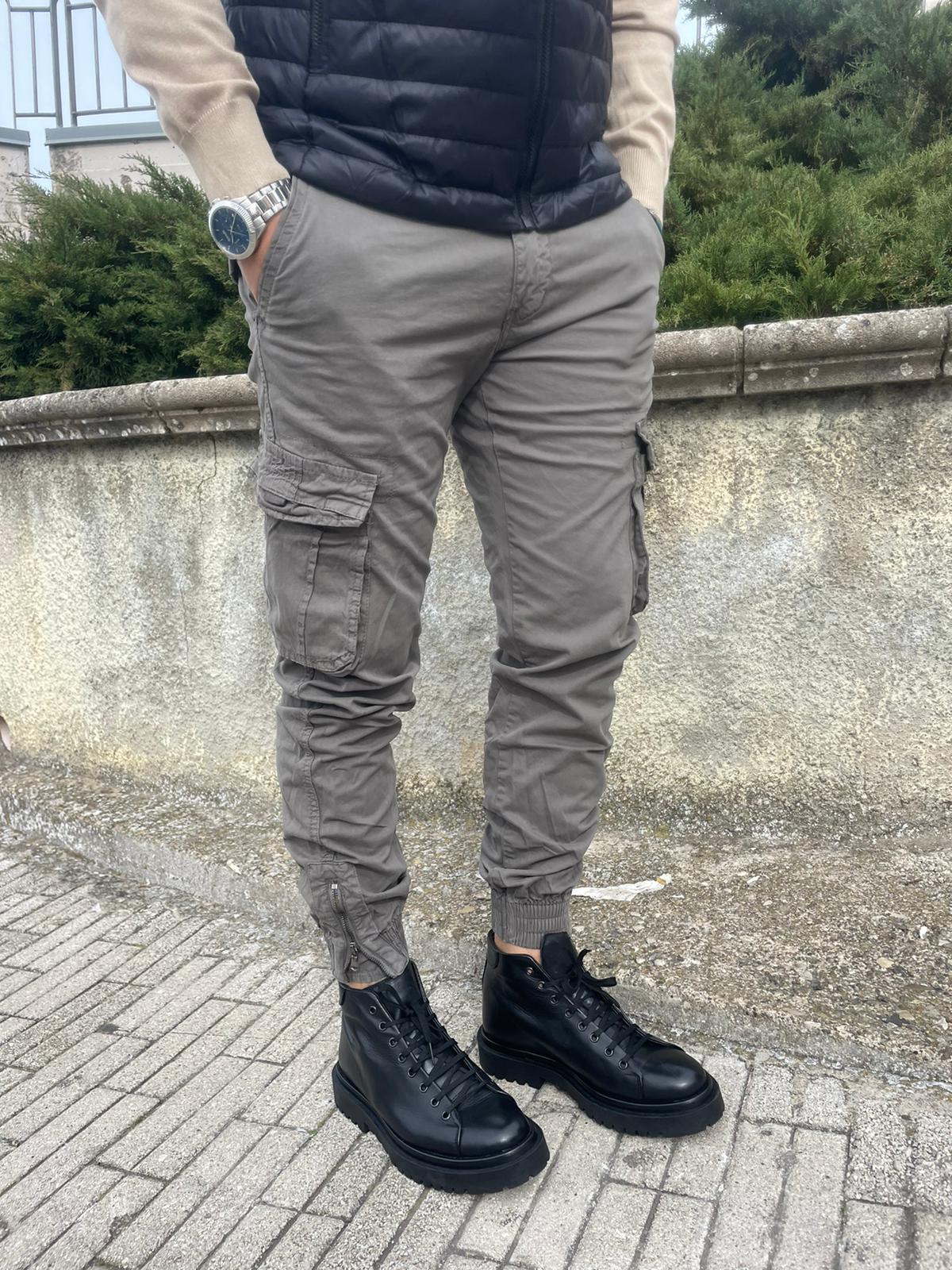 Pantalone cargo uomo cotone con elastico e zip