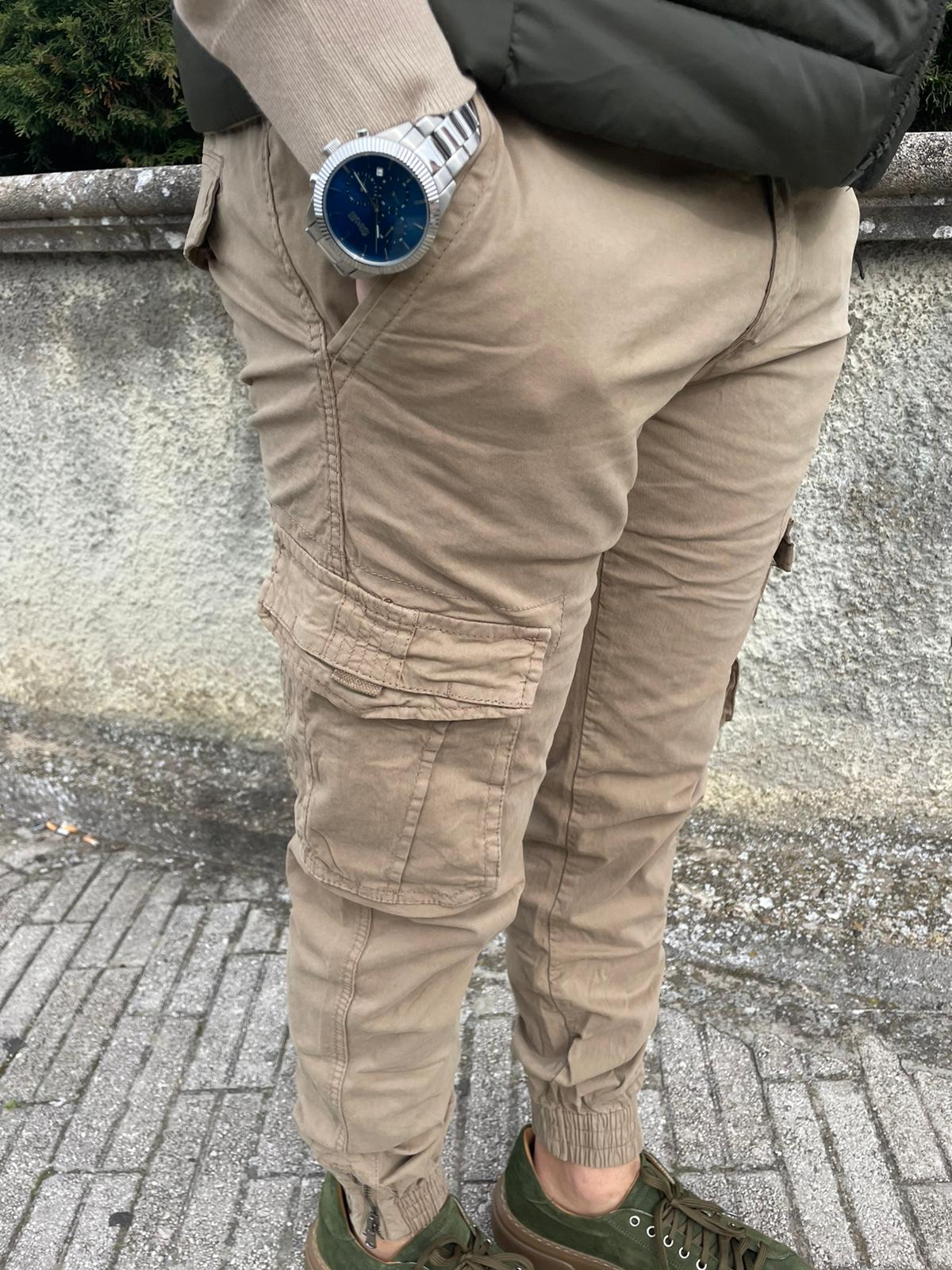Pantalone cargo uomo cotone con elastico e zip