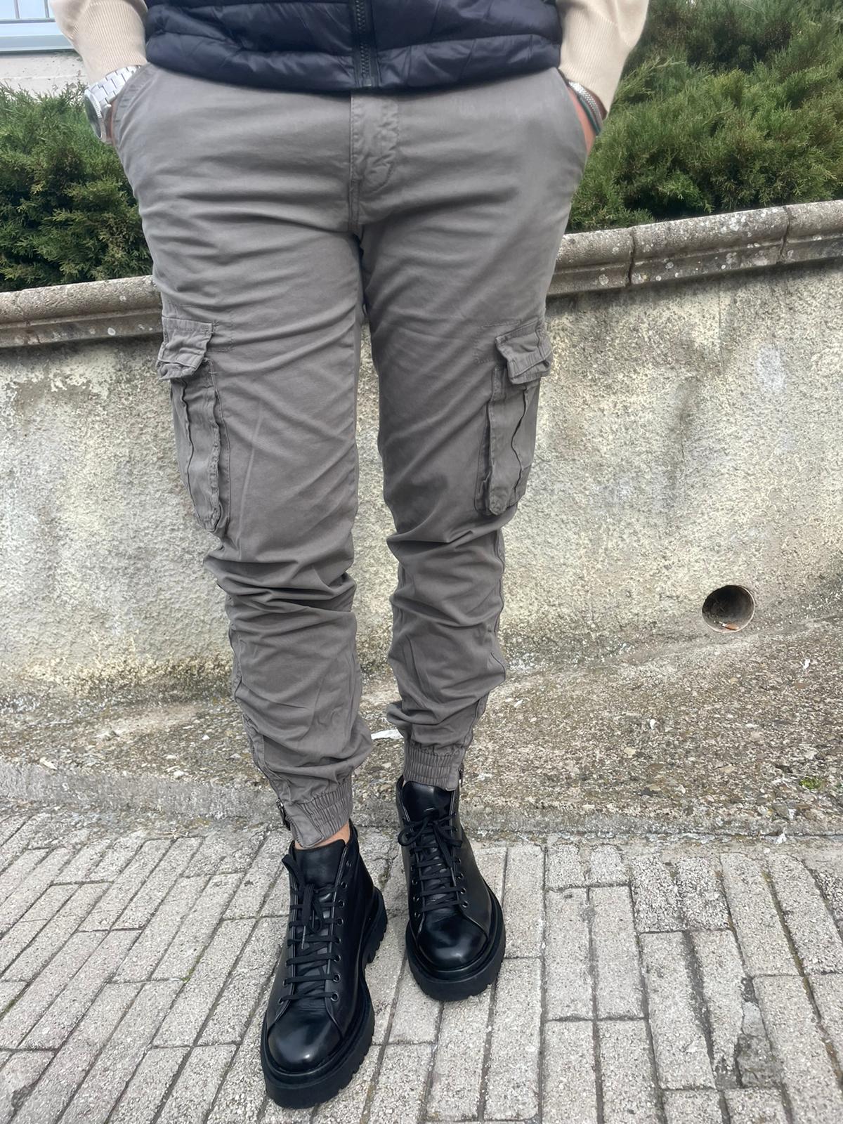 Pantalone cargo uomo cotone con elastico e zip