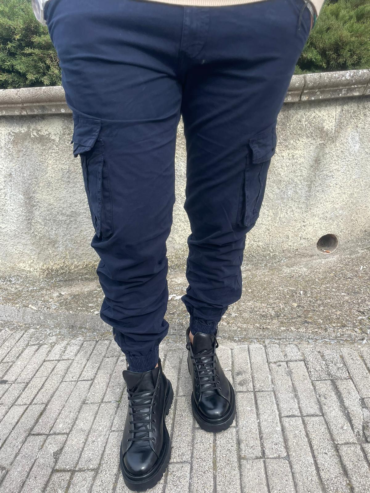 Pantalone cargo uomo cotone con elastico e zip