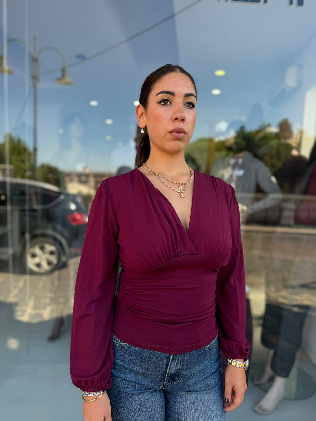 MAGLIA DONNA DRAPPEGGIO CON MANICA A SBUFFO