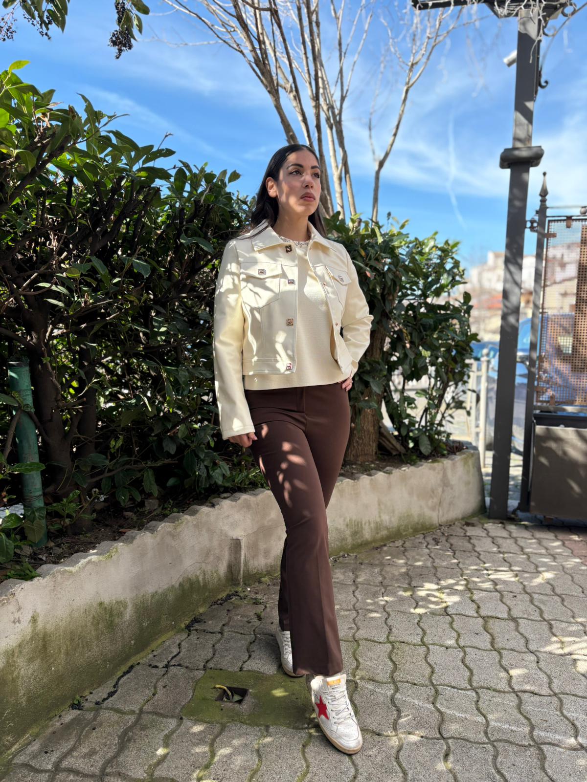 Pantalone Trombetta in Tessuto Milano con Elastico in Vita