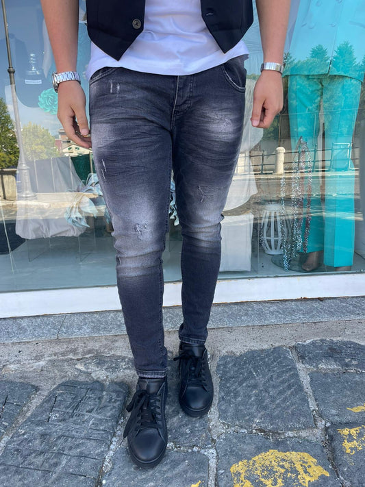 jeans nero slavato strappetti uomo slim fit
