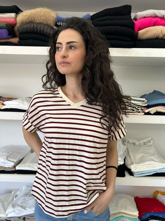 T-shirt Donna a Righe con Scollo a V
