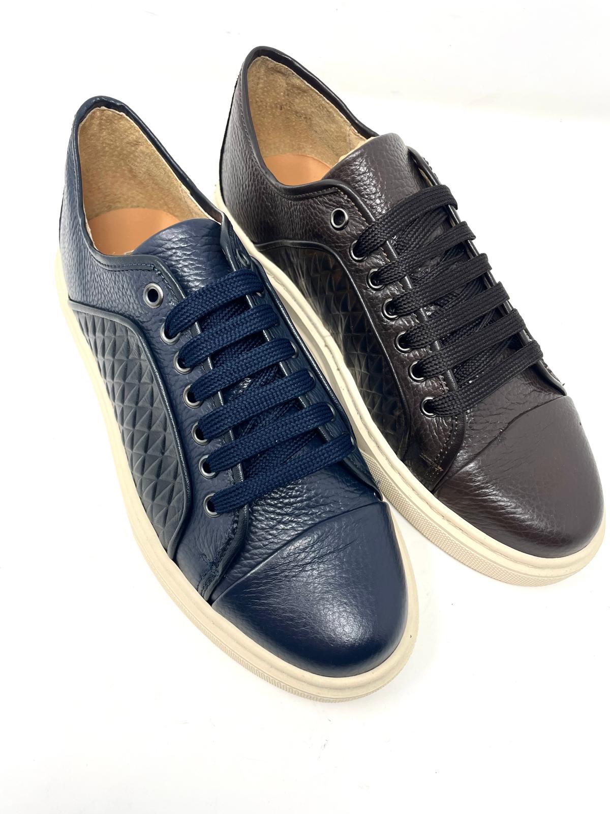 Sneakers in Vera Pelle con Stampa a Rombi fondo beige