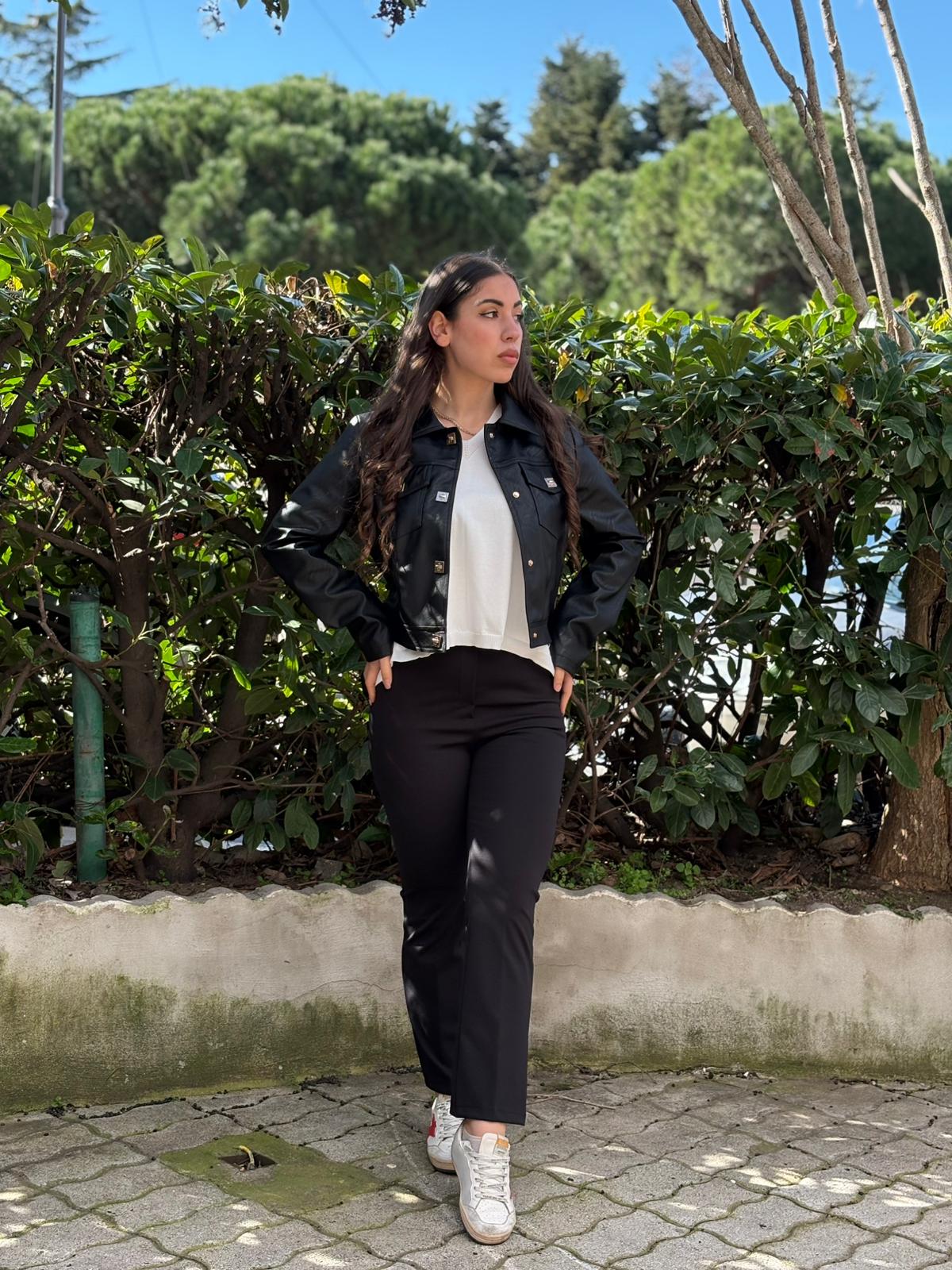 Pantalone Trombetta in Tessuto Milano con Elastico in Vita