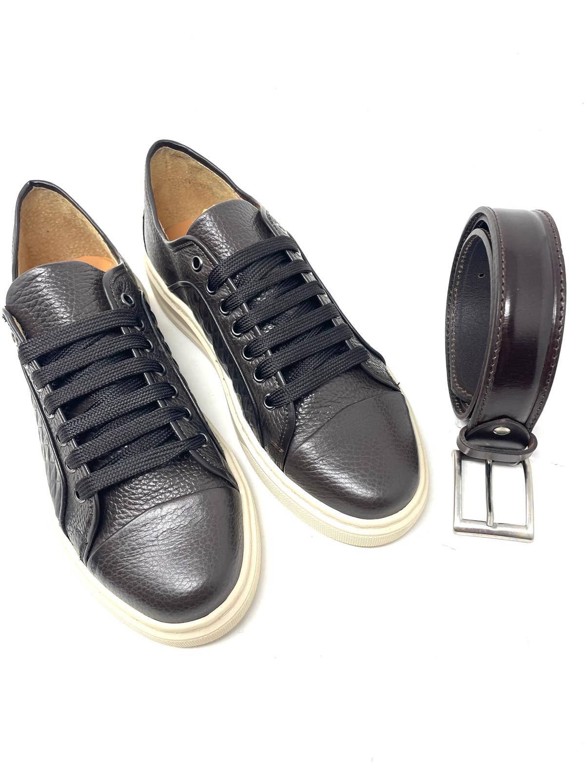 Sneakers in Vera Pelle con Stampa a Rombi fondo beige