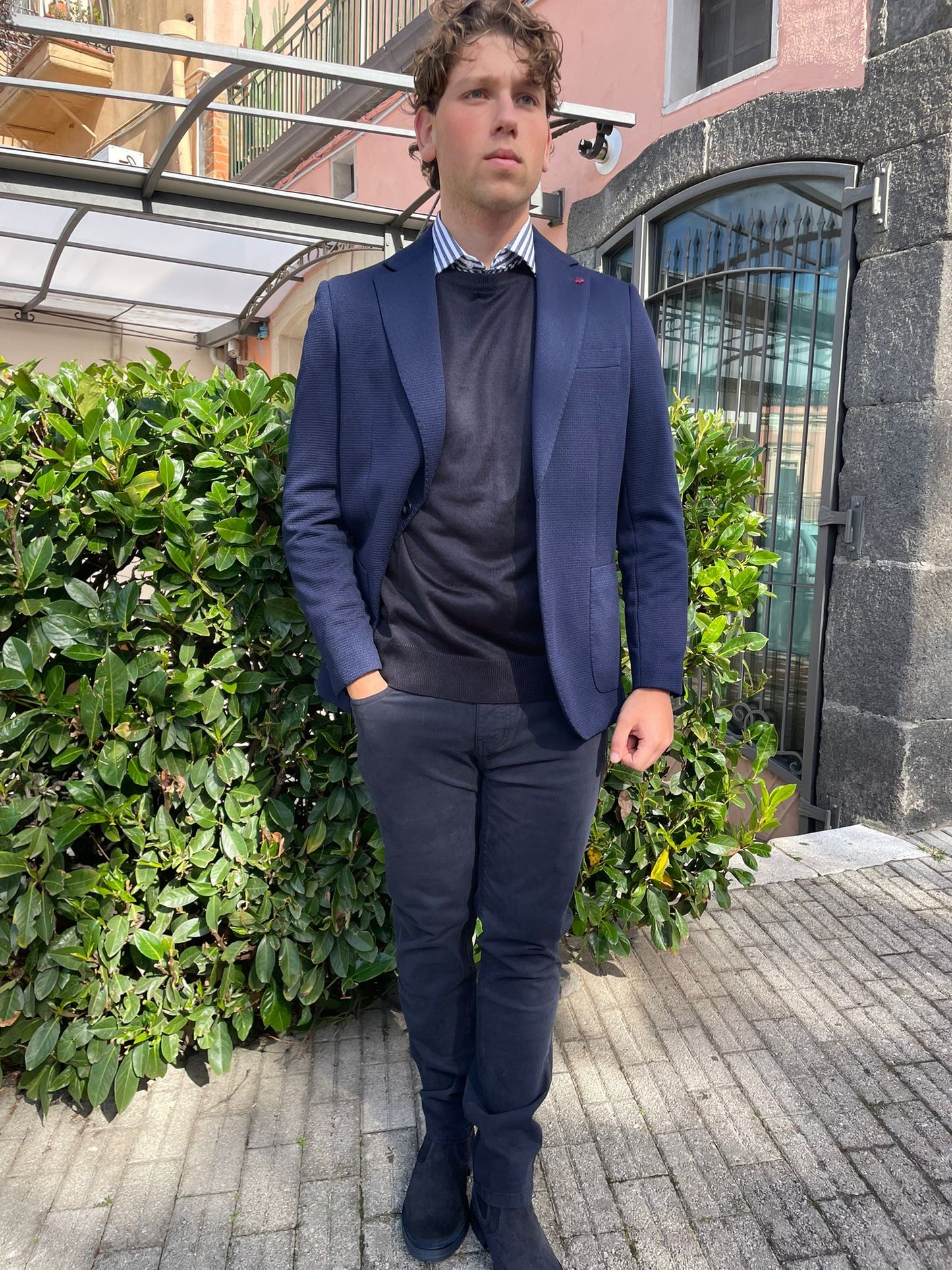 Giacca uomo in tessuto nido d’ape, modello blazer sfoderato dal taglio sartoriale