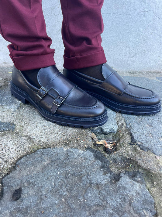 Mocassino doppia fibbia fondo vibram in vera pelle made in italy