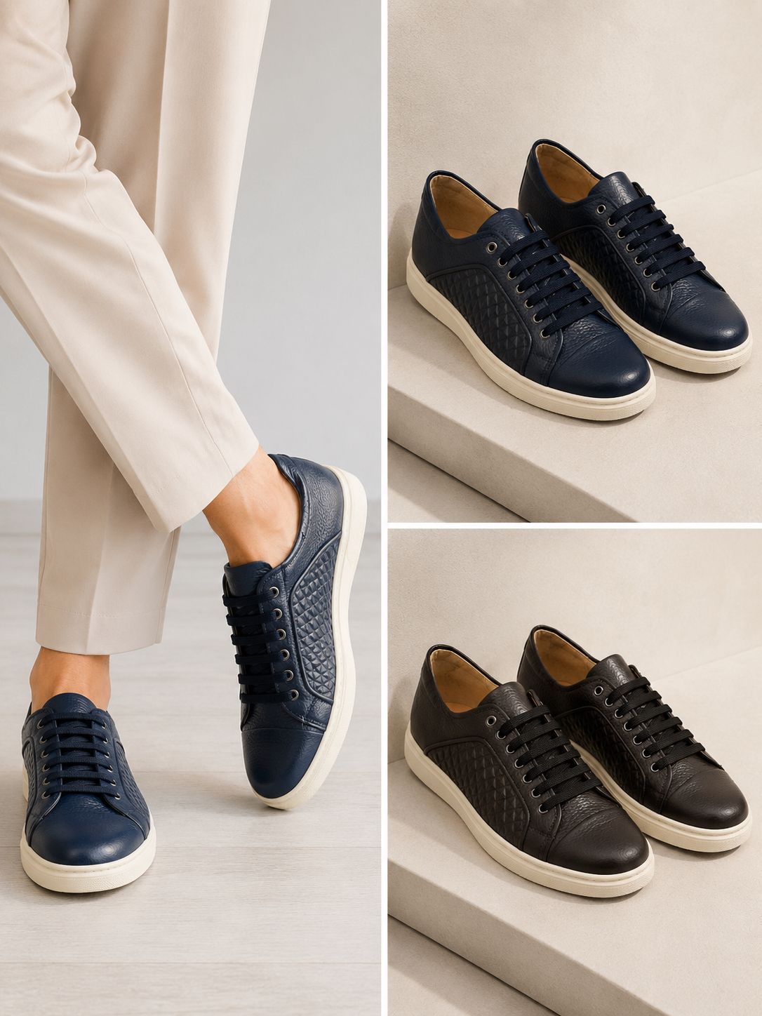 Sneakers in Vera Pelle con Stampa a Rombi fondo beige