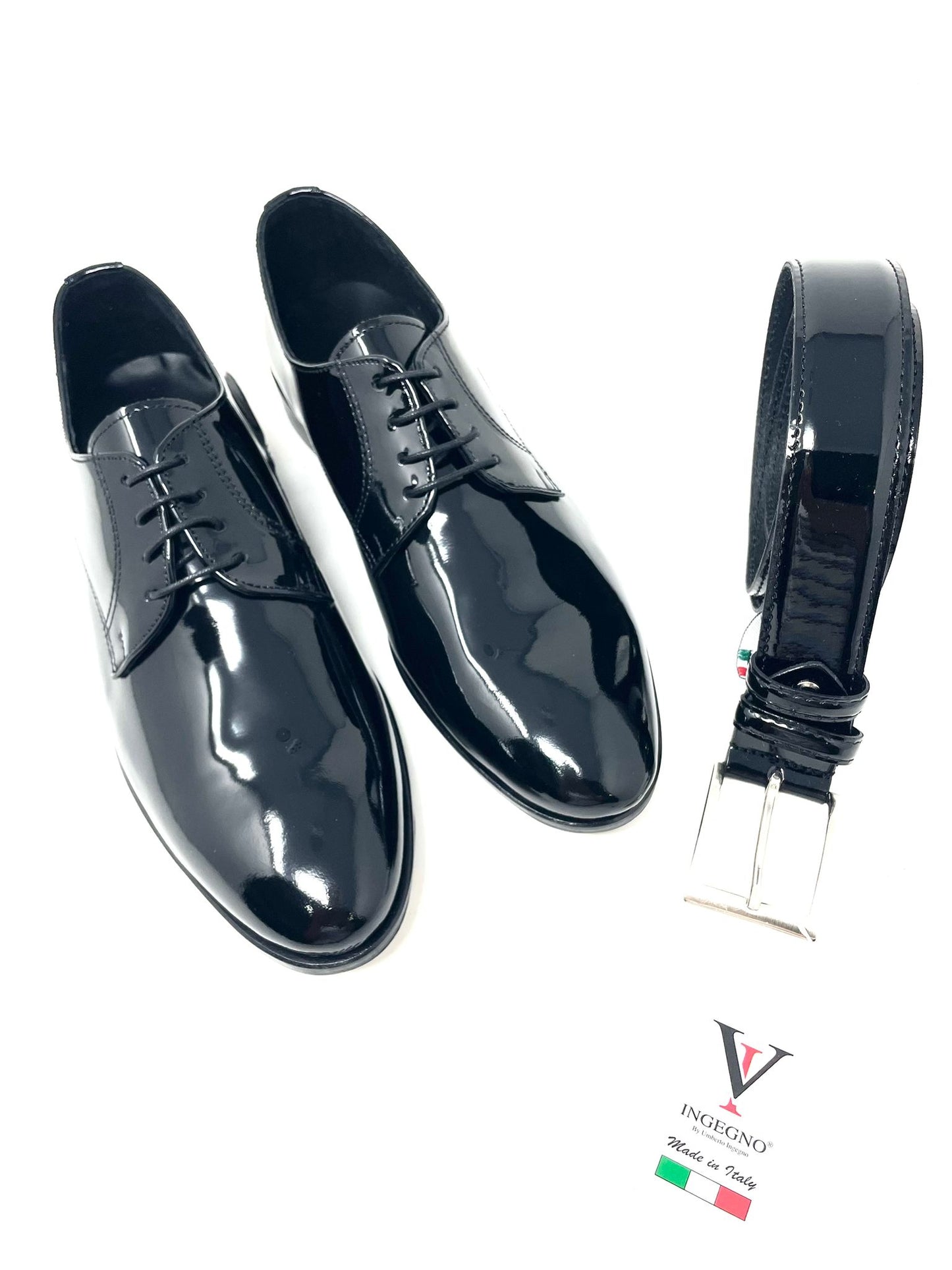 Stringata cerimonia vera pelle made in italy vernice con fondo cuoio cucito