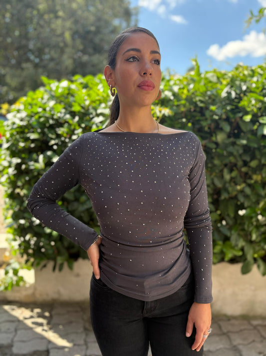 Maglia donna strass scollo a barca