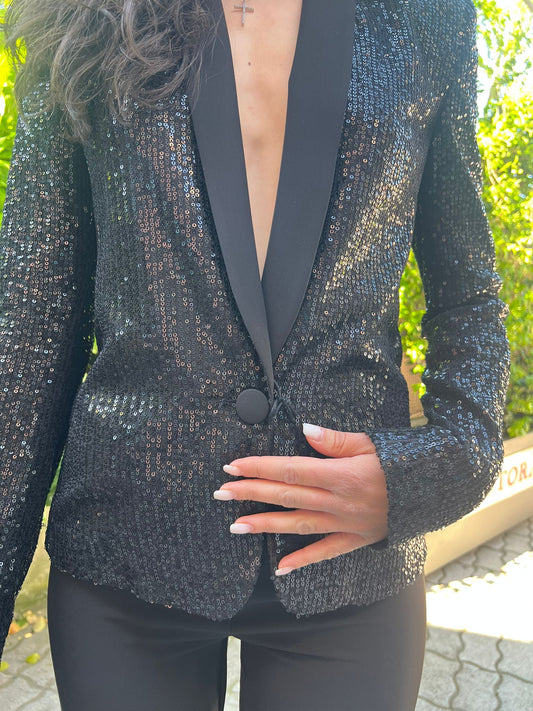 Completo Donna Giacca Paillettes e Pantalone Largo in Cady