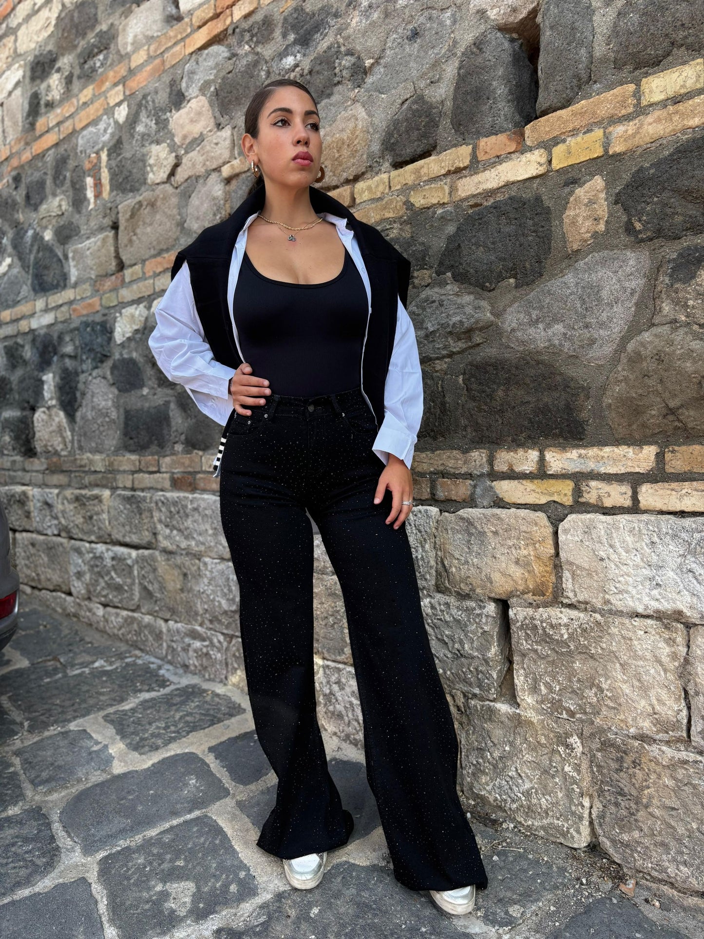 Jeans Donna Palazzo Nero con Strass