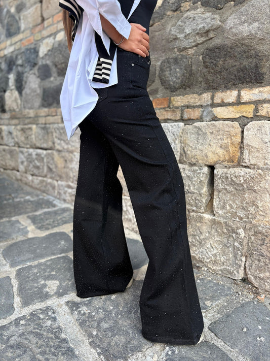 Jeans Donna Palazzo Nero con Strass