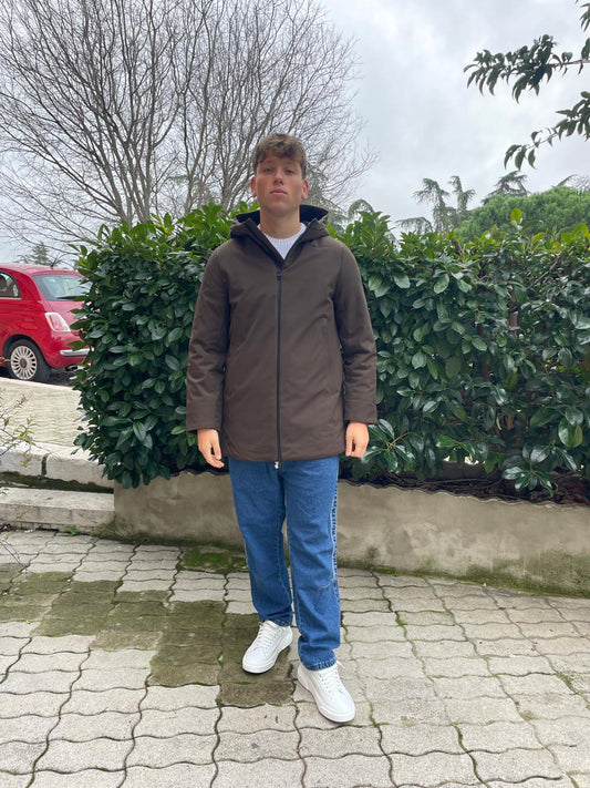 Giaccone uomo  tessuto tecnico lungo cappuccio impermeabile