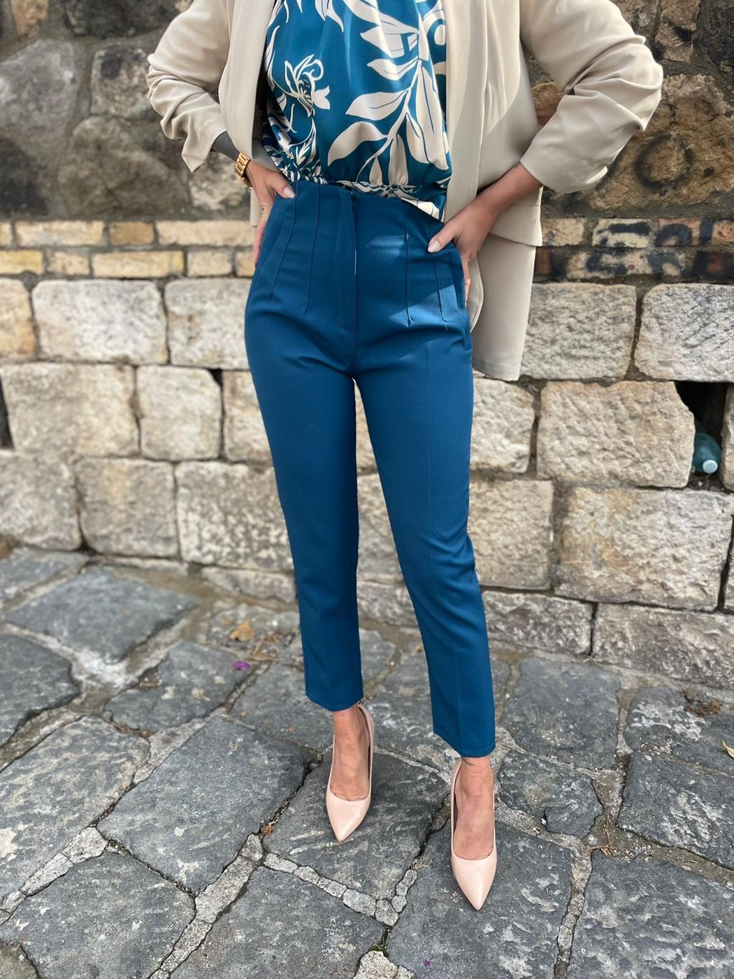 High-waisted stitching trousers