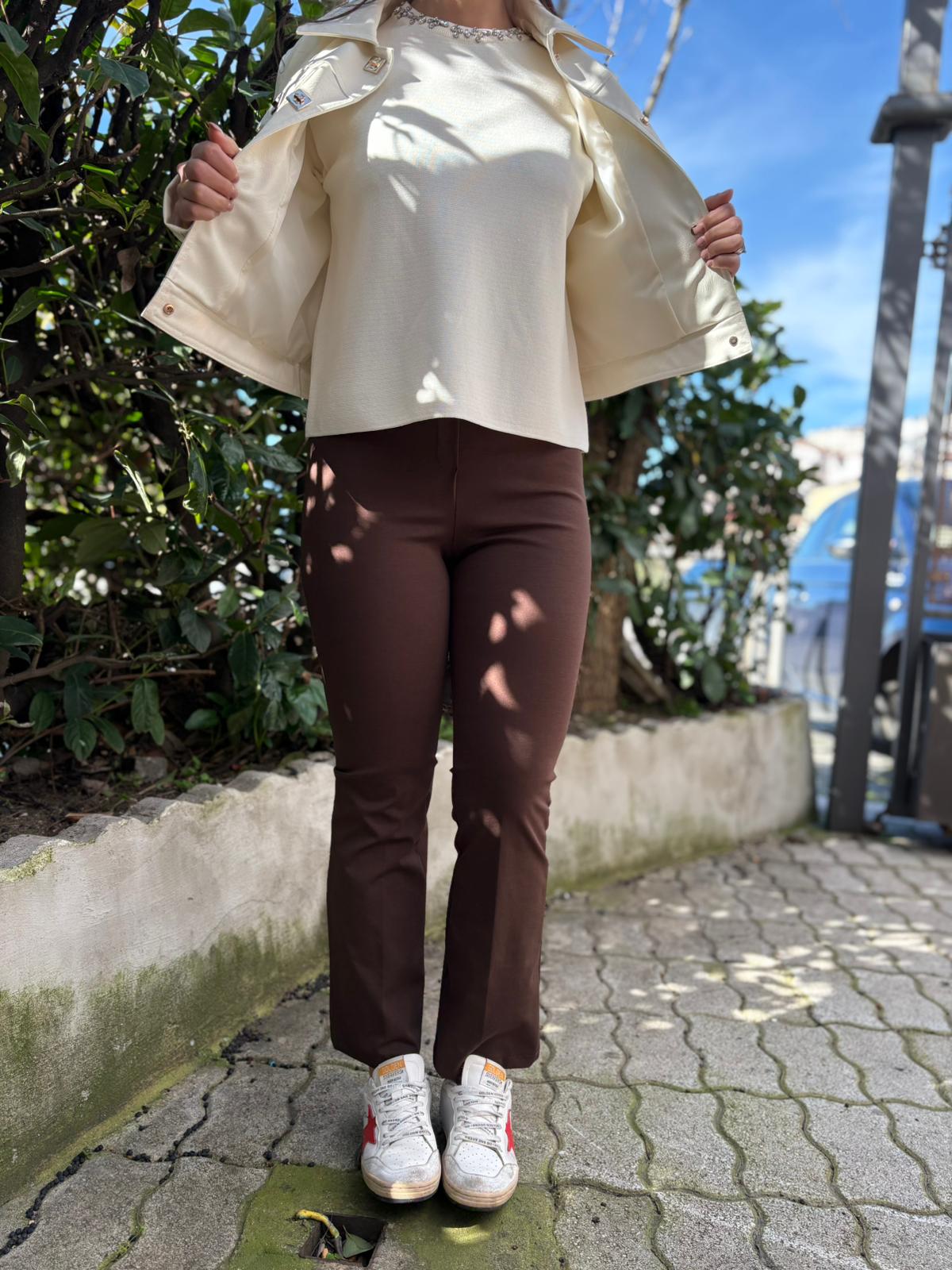 Pantalone Trombetta in Tessuto Milano con Elastico in Vita
