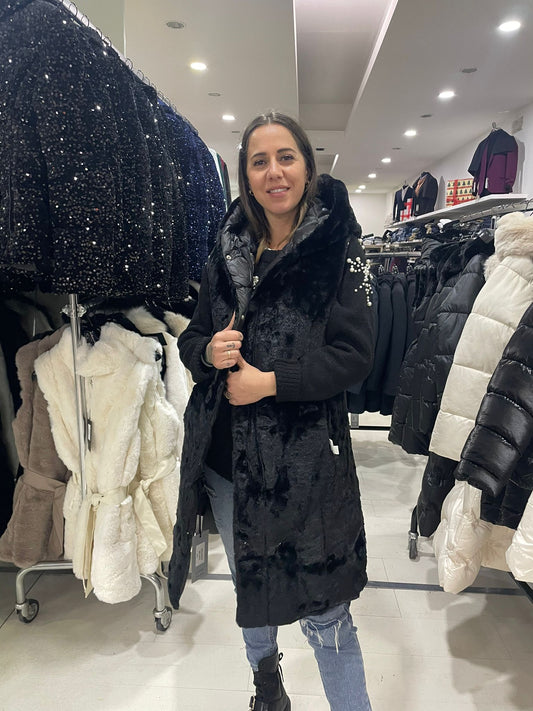 gilet lungo double face con cappuccio pelliccia