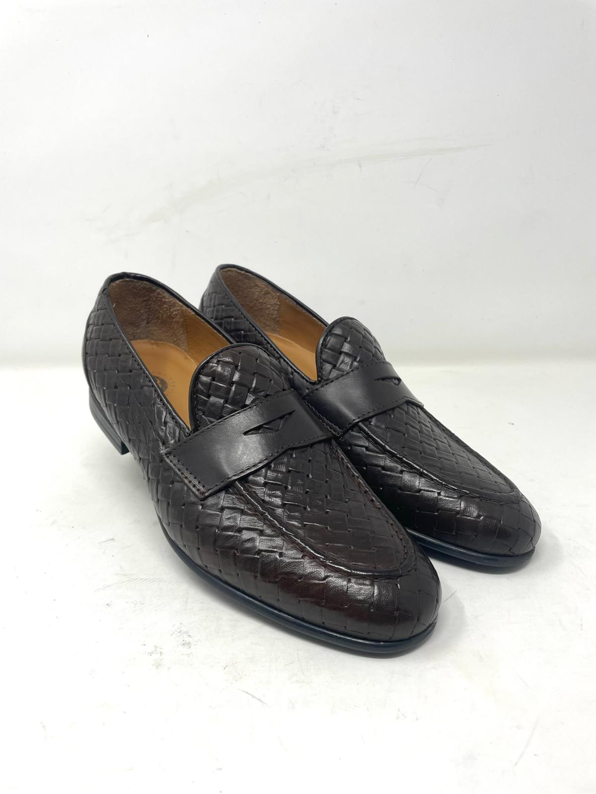 Woven leather moccasin with rubber sole