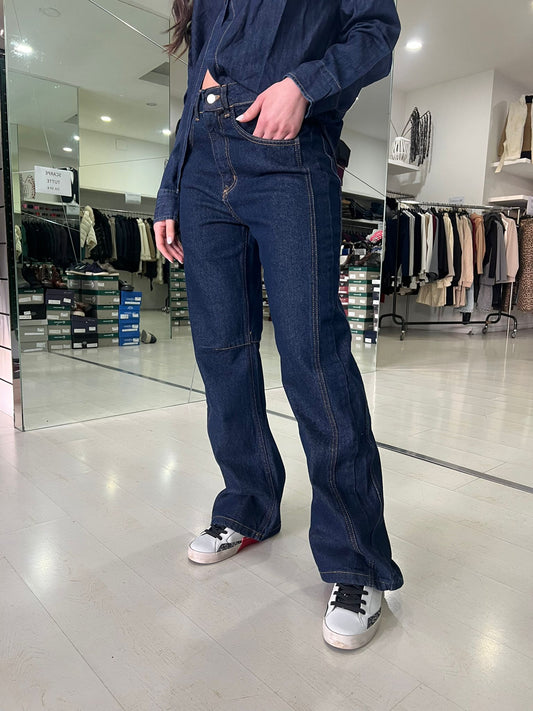 Jeans con cutiture laterali blu scuro gamba larga